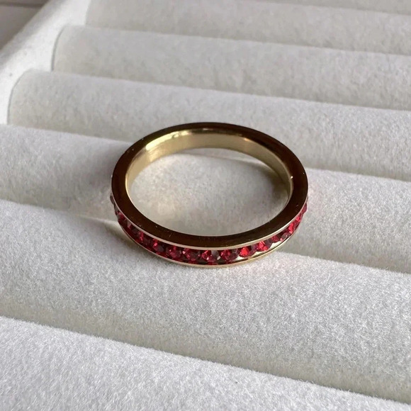 Red Ruby Colored CZ 18k Gold Stainless Steel Eternity Stack Ring July Birthstone - Picture 4 of 9